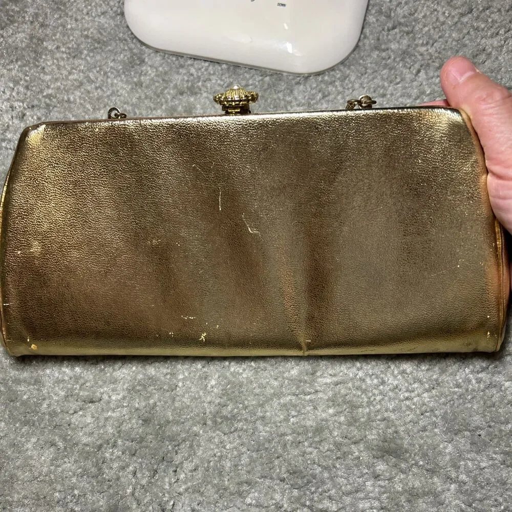 Vintage Gold Metallic Clutch Purse Evening Bag Chain Strap Satin Lined 50’s 60’s - Picture 6 of 16